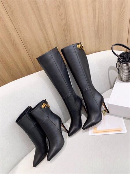 

boots women shoes large size pointed toe super high heels genuine leather metal decoration zipper knee zapatos de mujer, Black