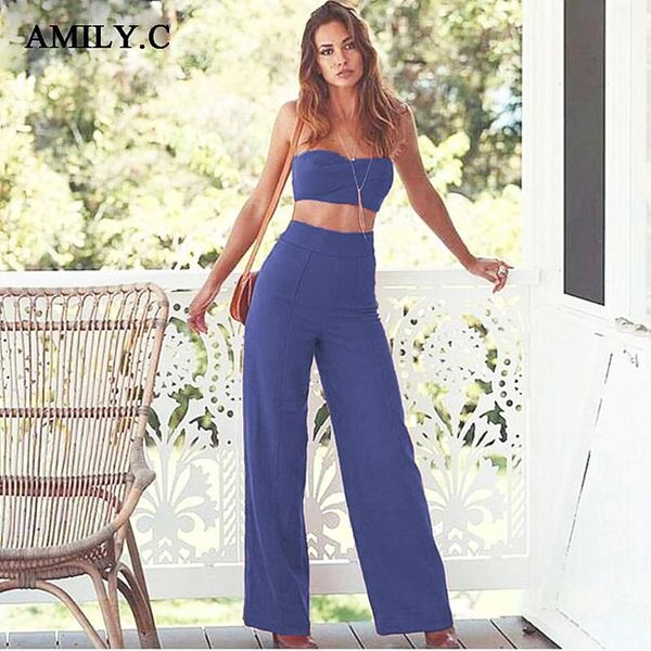 

women's two piece pants amily.c 2021 ladies strapless crop loose 2-piece set chic club celebrity party pink blue suit vestidos, White