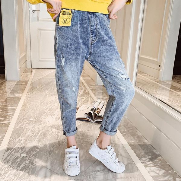 

jeans girls ripped 2021 spring autumn for kid trousers children leggings print fashion loose denim pants, Blue