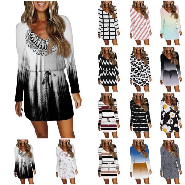 

casual dresses women short sleeve print v-neck summer party a line women's drawstring sling dress vestido vestidos elbise jurke, Black;gray