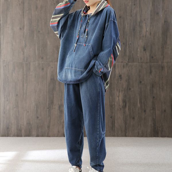 

ewq] new pattern hooded collar long sleeve denim patchwork striped vintage two piece set women ak77805 201009, White