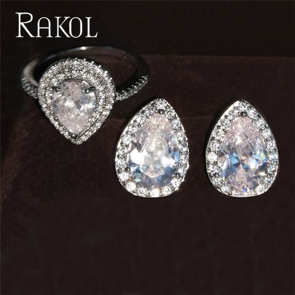 

jewelry sets rakol geometry water drop cut cubic zircon stud earrings ring set for women fashion ladies bridewedding party dress, Black