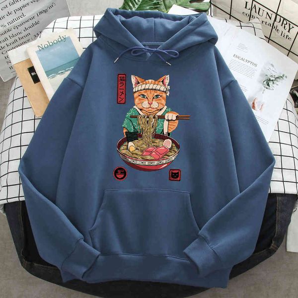 

japane ukiyo drawing ramen cat printed men's sweatshirt, loose casual wool pocket, hip-hop style, retro, Black