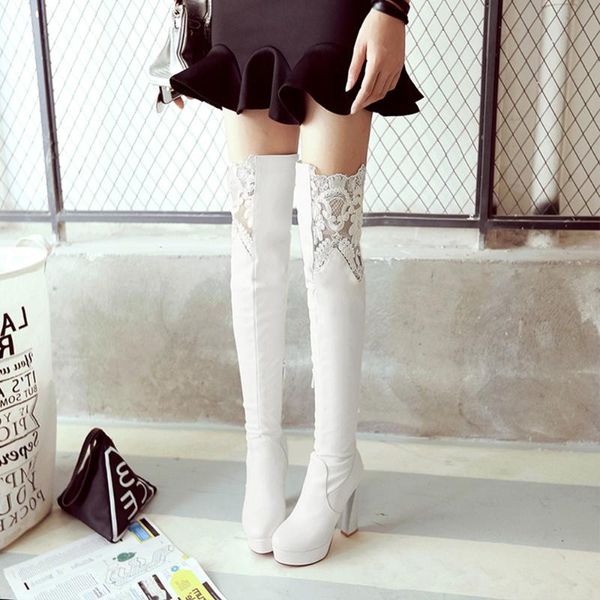 

boots 2021 fashion round head waterproof platform solid color side zipper lace profiled heel ladies over-the-knee, Black