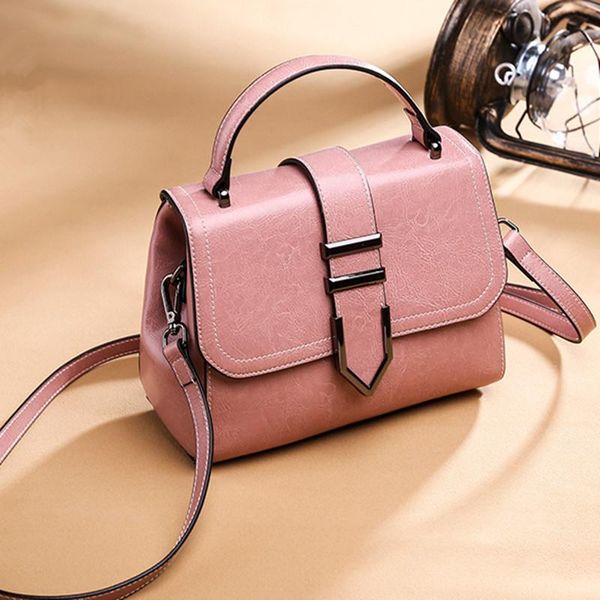 

waist bags 2021 spring oil waxed cowhide women's bag sweet pink fashion england style one shoulder leather large capacity handbag