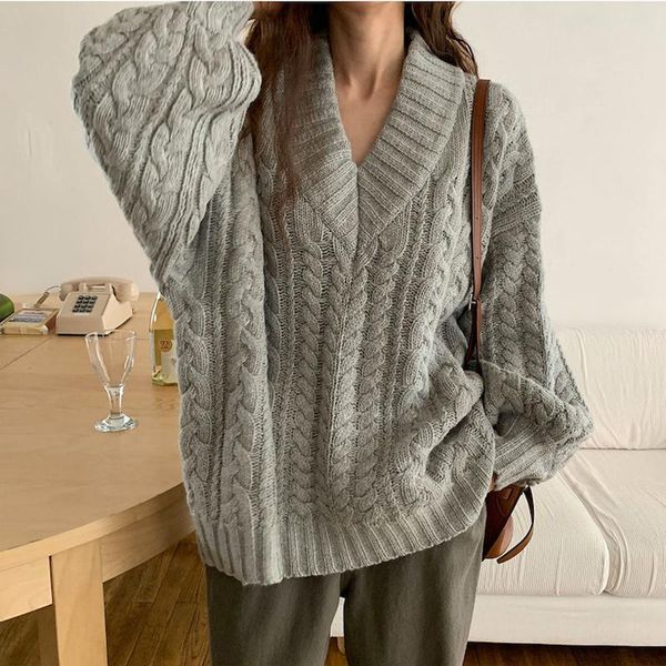 

women's sweaters autumn and winter v-neck twisted lazy large knitted sweater loose thickened solid color warm long sleeve pullover, White;black
