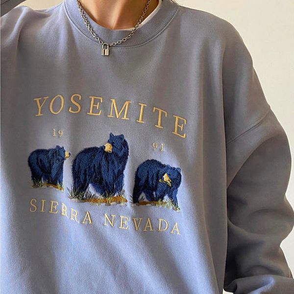 

2021 new vintage bear embroidery sweatshirts women harajuku streetwear casual long sleeve crewneck oversized fashion hoodie korean h4iv, Black