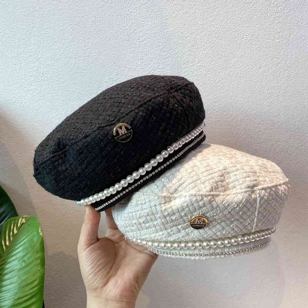 

celebrity wind tweed pearl rhinestone beret female autumn and winter elegant fashionable painter hat, Blue;gray