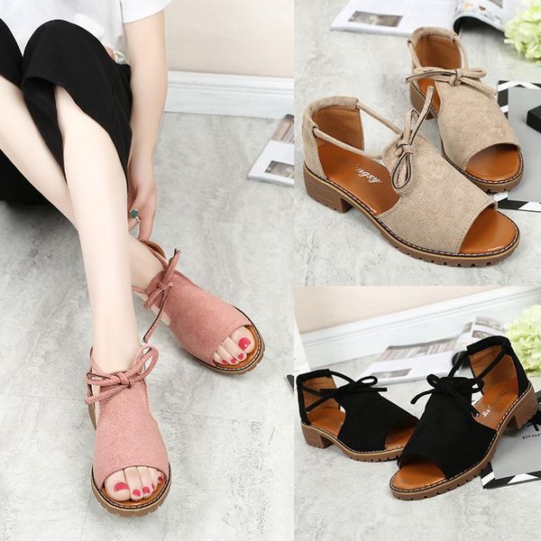 

sandals 2021 summer style korean mid-heeled high-heeled chunky non-slip roman flat shoes for women, Black