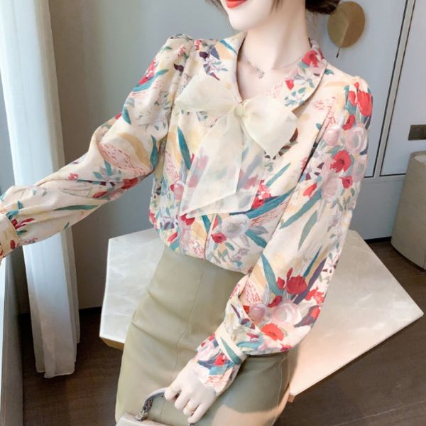 

2021 spring elegant new ribbon tied floral printing female shirt long sleeve doll collar ladies all-match v885, Black