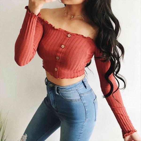 

frill bardot women t shirt off shoulder jumper ribbed long sleeve crop, White