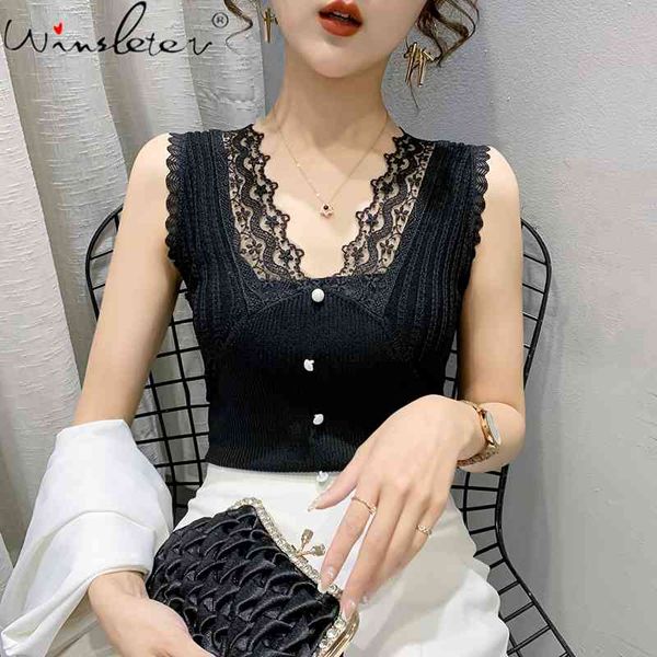 

women's tanks & camis summer european style vest chic v-neck button women sleeveless patchwork lace casual bottoming shi, White