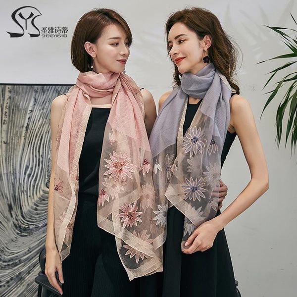 

scarves winter floral wool silk scarf women wrap long pashmina shawls and, Blue;gray