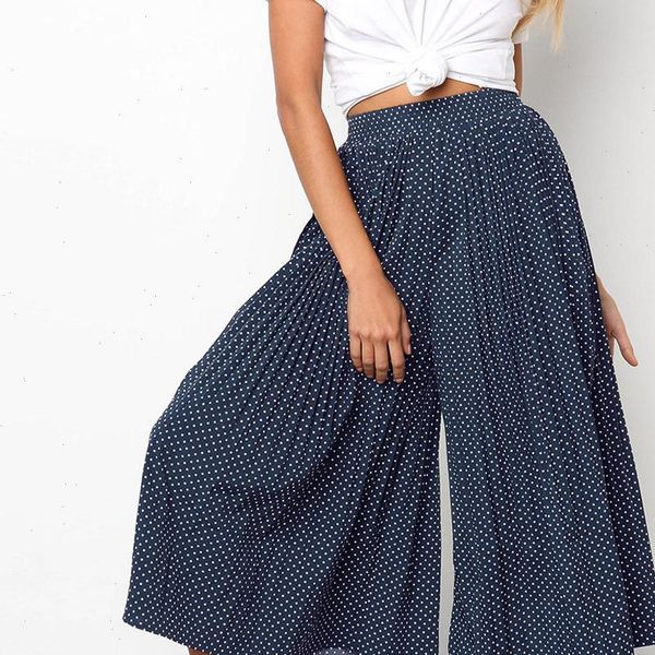 

women autumn casual pants high waist wide leg pants beach pleated winter trousers female dot printed capris pants, Black;white