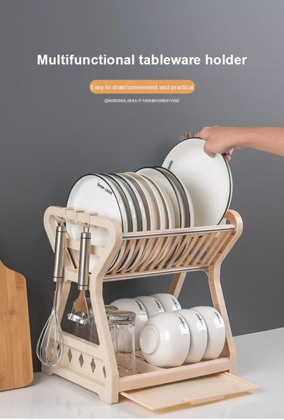 

kitchen storage & organization 2021 double-layer dish bowl draining rack with chopstick cage household tableware organizer tray box basket