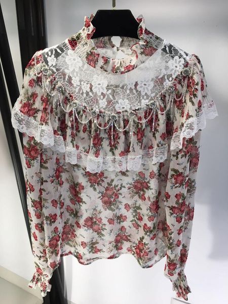 

women's blouses & shirts 2021 ladies fashion long sleeve chiffon beaded tassel printed shirt 0119, White
