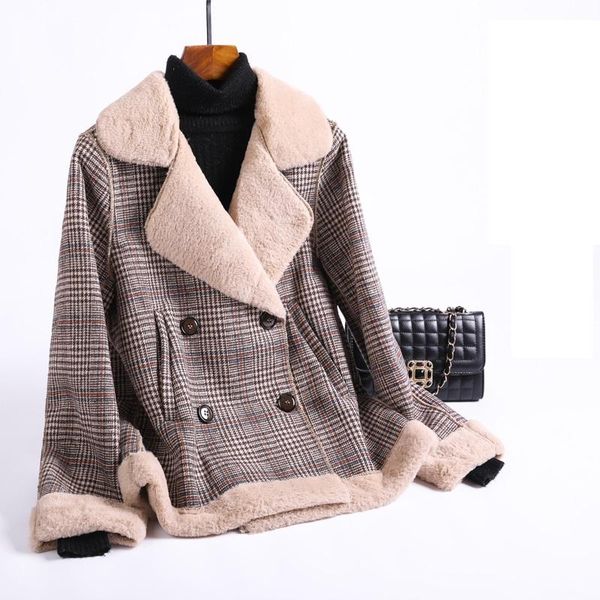 

women's wool & blends 2021 autumn winter fashion lambswool plaid jacket women short coat double-breasted warm thicken outerwear casual, Black