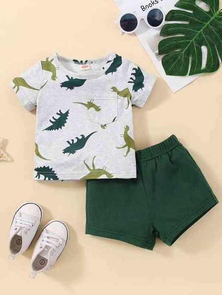 

baby dinosaur print patched pocket tee she, White