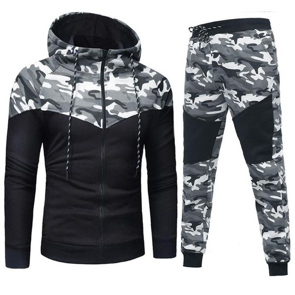 

men's tracksuits suit fashion camouflage printing leisure sports zipper hooded coat pants sportswear high quality, Gray