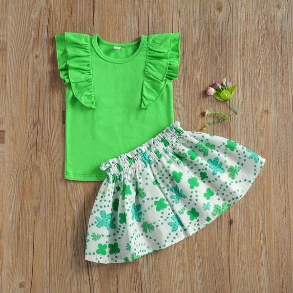 

clothing sets 2 pieces kids girld clothes set solid color round collar sleeve t-shirt+ floral print skirt for girls green, White