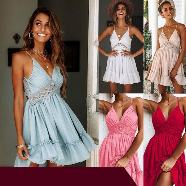 

2021new summer bohemian v neck halter mini dress sweet girl white pink lace dress womens backless sleeveless beach, Black;gray