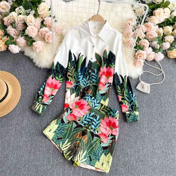 

spring fall fashion suits lapel strapless long-sleeved shirt tropical plant print high-waisted wide-leg shorts 2 piece set women 210525, White