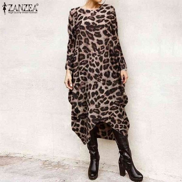 

zanzea women midi dress spring fashion leopard sundress casual long sleeve print party asymmetrical vestido female tunic robe, Black;gray