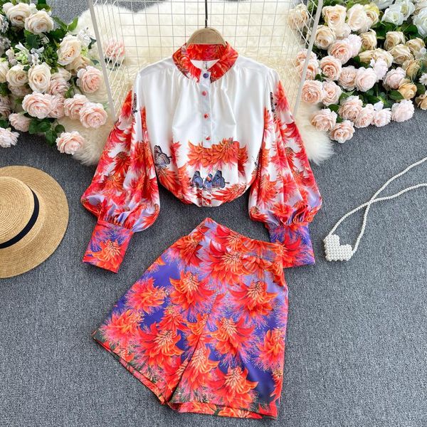 

women's tracksuits 2021 casual plus size fashion 2pcs suit loose +retro printed lantern sleeve shirt + high waist wide leg shorts two-p, Gray