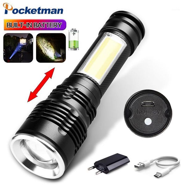 

flashlights torches powerful cob + led zoom with hand strap usb rechargeable flash light built-in 18650 battery tactical1