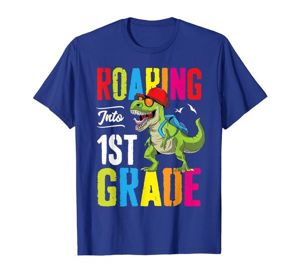 

roaring into 1st grade dinosaur kids teacher back to school t-shirt, White;black