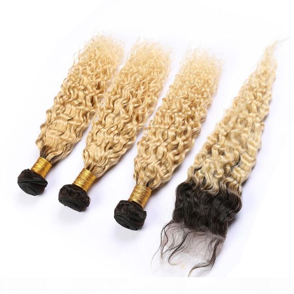 

ombre blonde wet wavy human hair bundles with closure 1b 613 ombre water wave lace closure 4x4 with weaves malaysian virgin hair wefts, Black