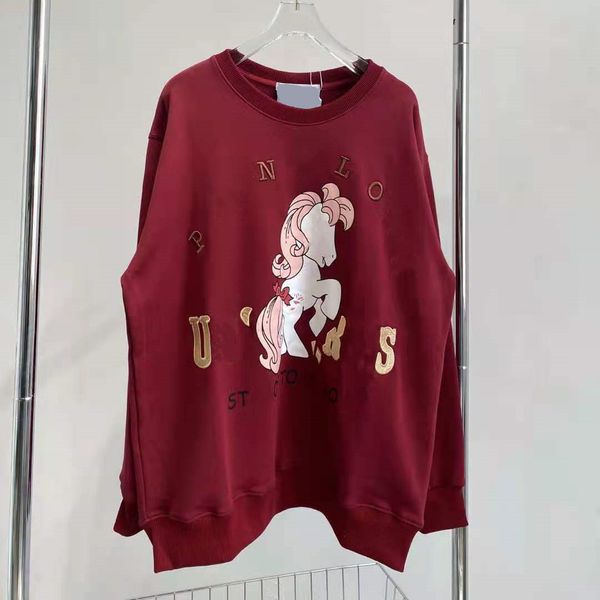 

2021 autumn new fashion pony printed letter embroidered wine red white terry couple sweater, Black