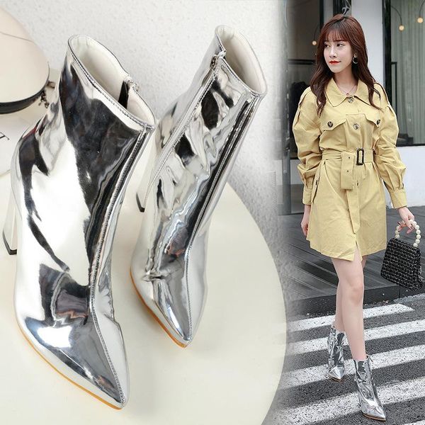 

boots heel pointed high short women 2021 winter patent leather thick, Black