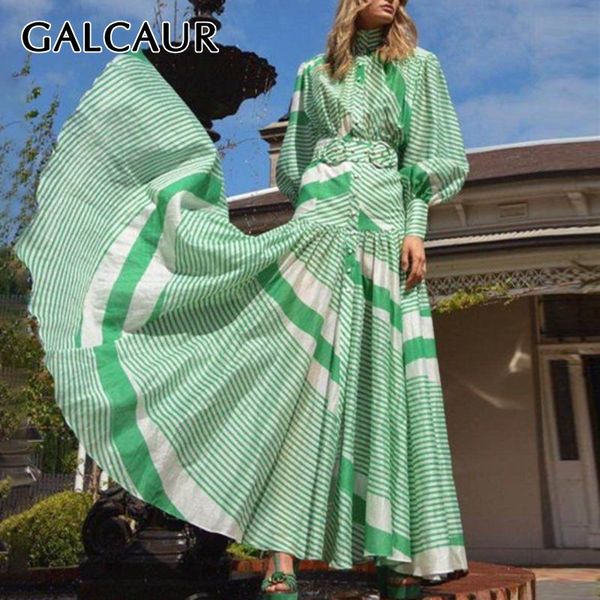 

casual dresses galcaur hit color print striped for women stand collar lantern sleeve high waist with sashes elegant dress female 2021, Black;gray