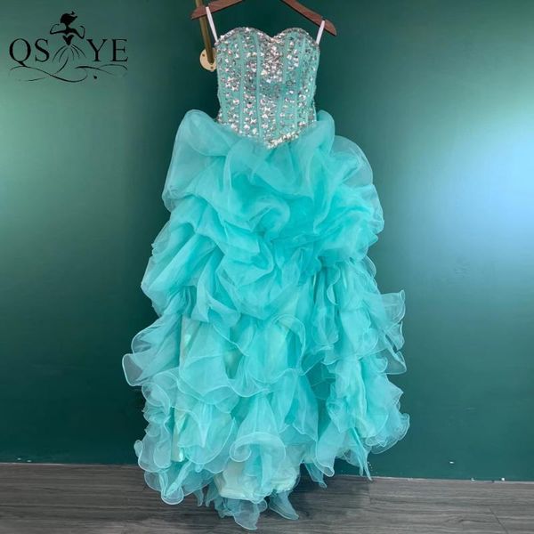 

party dresses real picture peacock blue prom puffy ball gown evening ruffles beading basque cascading princess dress, White;black