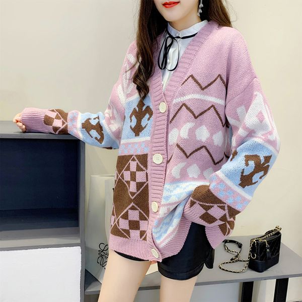 

2021 new fashion spring autumn v neck single breasted oversized sweater print casual long knitted cardigan xun3, White;black
