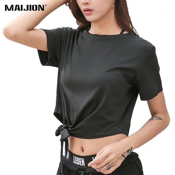 

yoga outfits maijion women gym t-shirt back breathable elastic soft fitness sport shirt patchwork quick dry running workout, White;red
