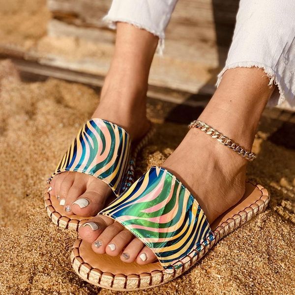 

slippers women 2021 summer sandals female leopard print flat color woman outdoor slides pu leather tie dye beach shoes1, Black