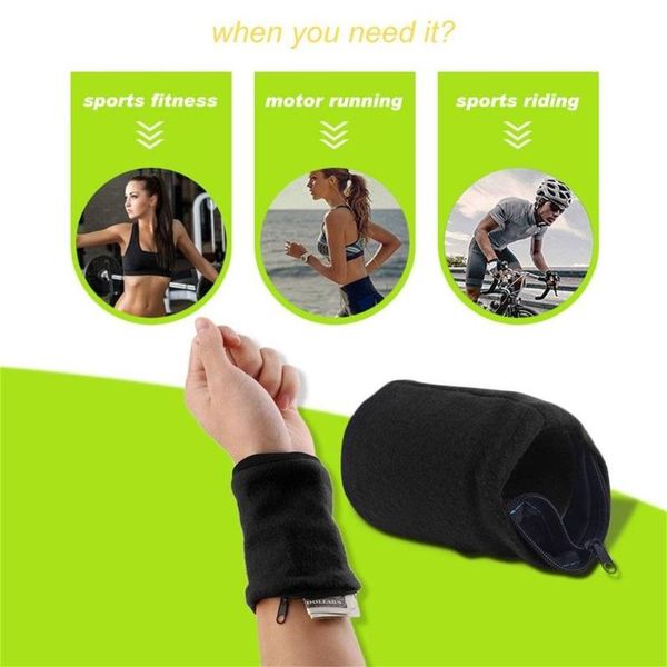 

wrist support wallet band fleece zipper travel gym cycling sport sweat absorbtion fitness hiking accessories, Black;red
