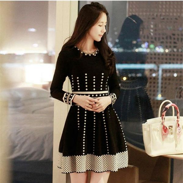 

casual dresses spring autumn cotton women's dress round collar long sleeve pullover black print office lady, Black;gray