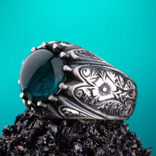 

cluster rings silver cambered dark green round zircon gemstone ring handmade men jewelery vintage acceessory 925 sterling, Golden;silver