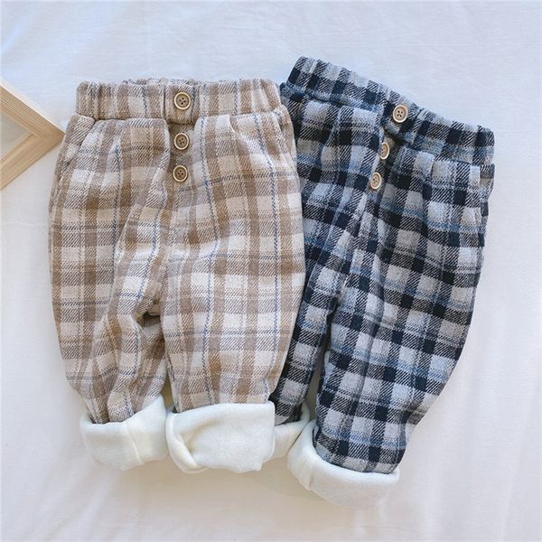 

new winter boys and girls plus velvet plaid casual trousers korean style fashion loose all-match harem pants toddler kids 210303, Blue