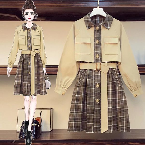 

women's trench coats khaki plaid long windbreaker overcoat coat jackets for women fashion 2021 autumn clothes fake two piece set plus s, Tan;black