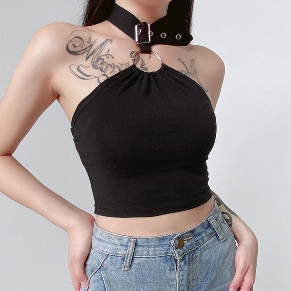 

women's tanks & camis crop women backless halter black tshirt sleeveless hollow slim short summer korean style female fashion cropped v, White