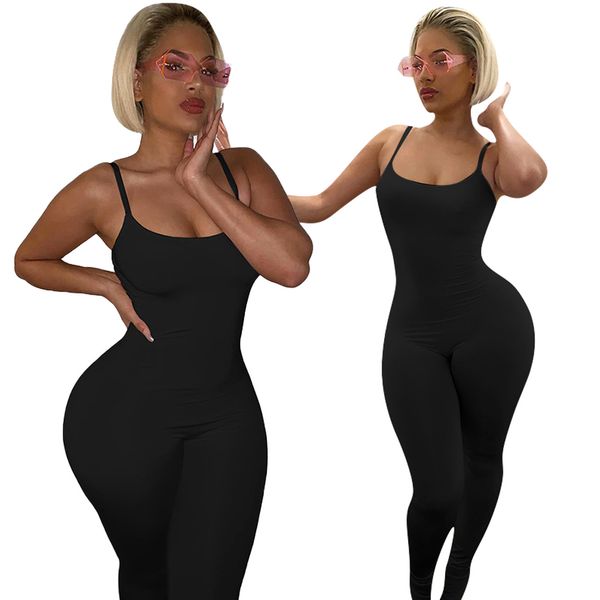 

women solid color jumpsuit spaghetti strap sleeveless skinny jumpsuits streetwear fashion romper one piece, White