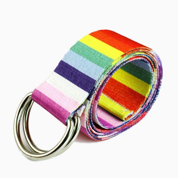 

belts huobao fashion rainbow stripe belt casual double loop women waistband canvas for men, Black;brown