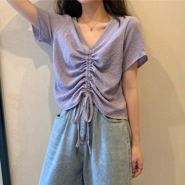 

women's t-shirt western style drawstring short sleeve for women 2021summer bm small bottoming shirt ins fashion, White