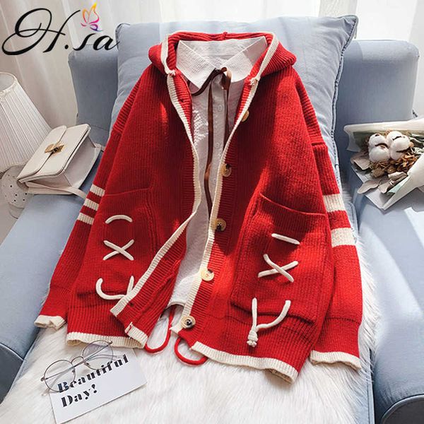 

h.sa autumn winter women hooded cardigan warm knitted sweater jacket pocket knit cardigans coat lady loose sweaters casual 210716, White;black