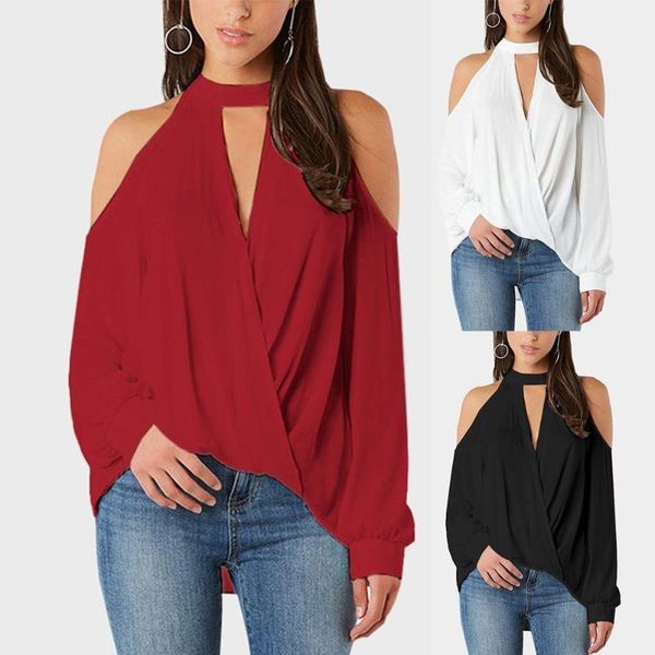 

autumn women solid color cold shoulder halter v neck long sleeve blouse all-match nylon/ polyester/spandex women's blouses & shirts, White