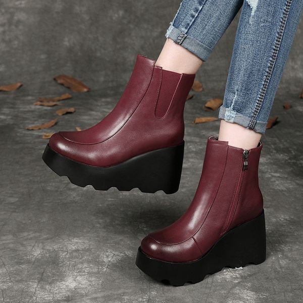 

children's qiuj leather thick soled short boots with cowhide slope heels, Black